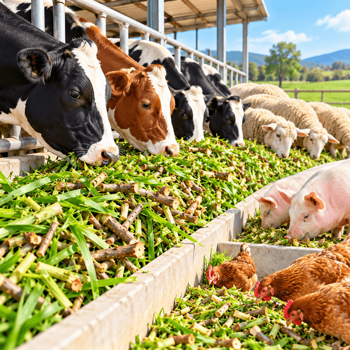 Cattle, sheep, pigs and chickens eating chopped fodder