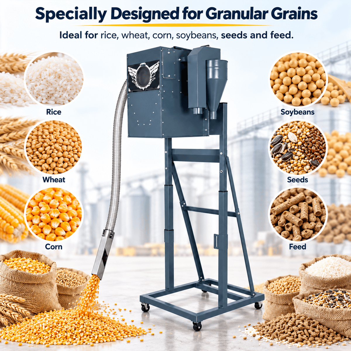 Designed for granular grains such as rice, wheat, corn and soybeans
