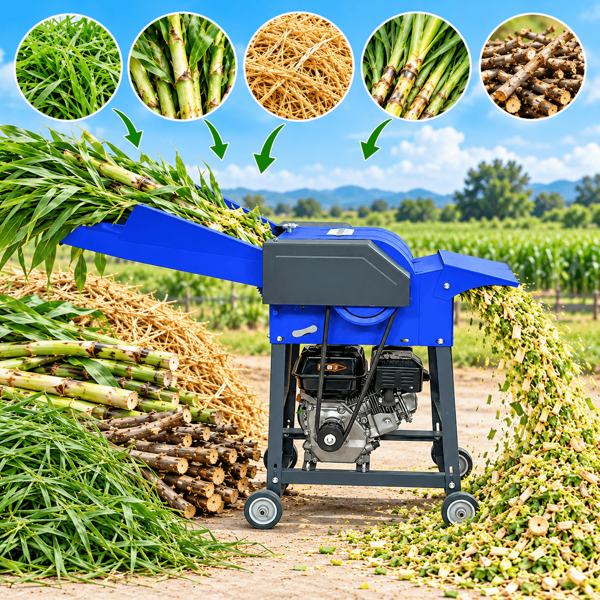 Chaff cutter turning grass, straw and sugarcane into feed