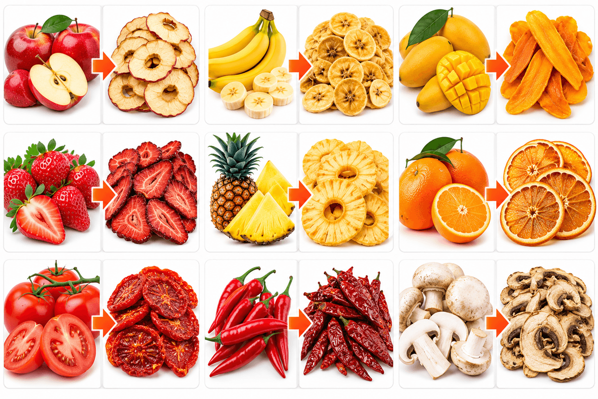 Fresh produce dried into apple rings, banana chips, mango strips, strawberries, pineapple rings, orange slices, sun-dried tomatoes, dried chilli and mushrooms